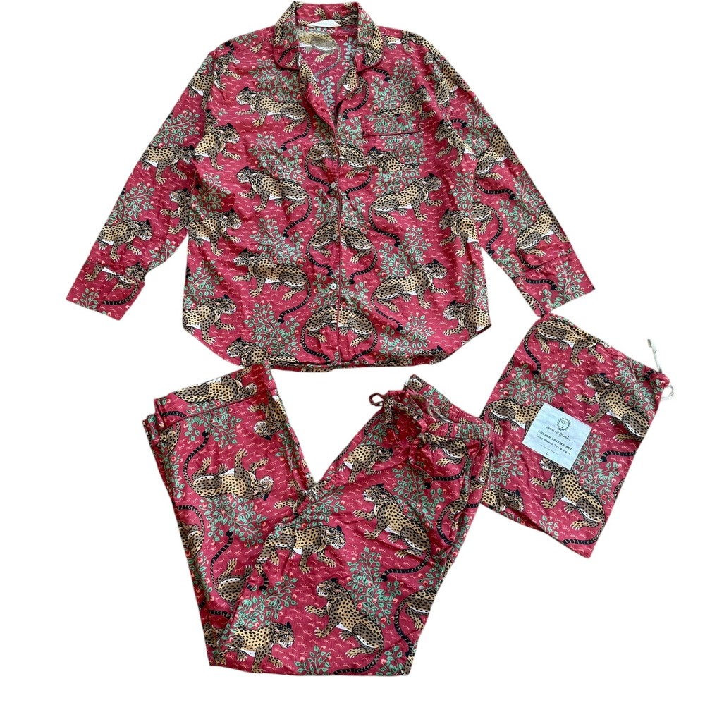 Printfresh Women Red Leopard Cotton Pajama Set Long Sleeve Top & Pants Large - Picture 3 of 14